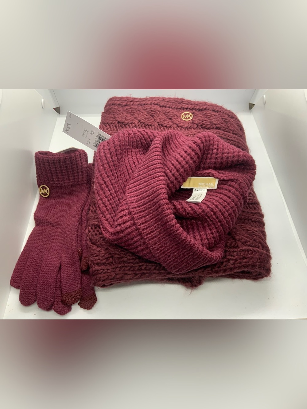 Michael Kors Women's Burgundy Knit Hat, Scarf & Glove Set